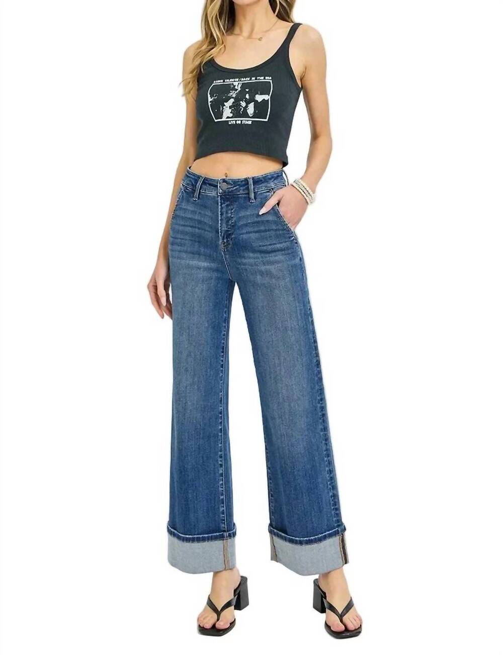 NEW RISEN new hope tummy control high rise cuffed jeans in dark blue